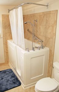 Bliss Tubs walk-in tub end panel with shower curtain and rod installed.